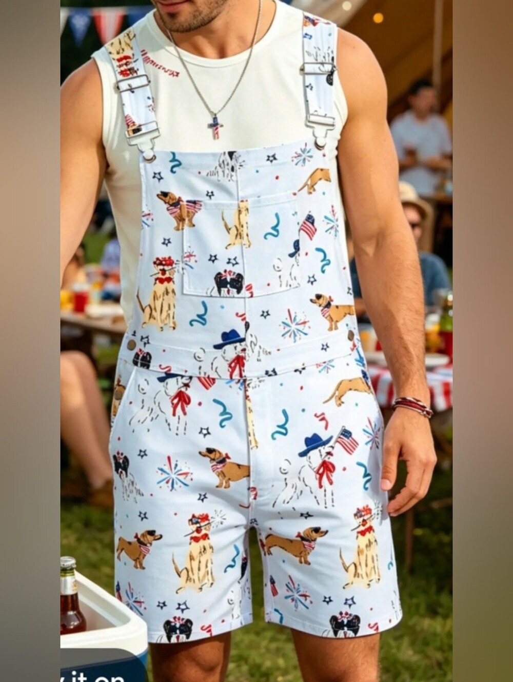 Light Blue Patriotic Dog Print Men's Short Overalls - Unbranded
